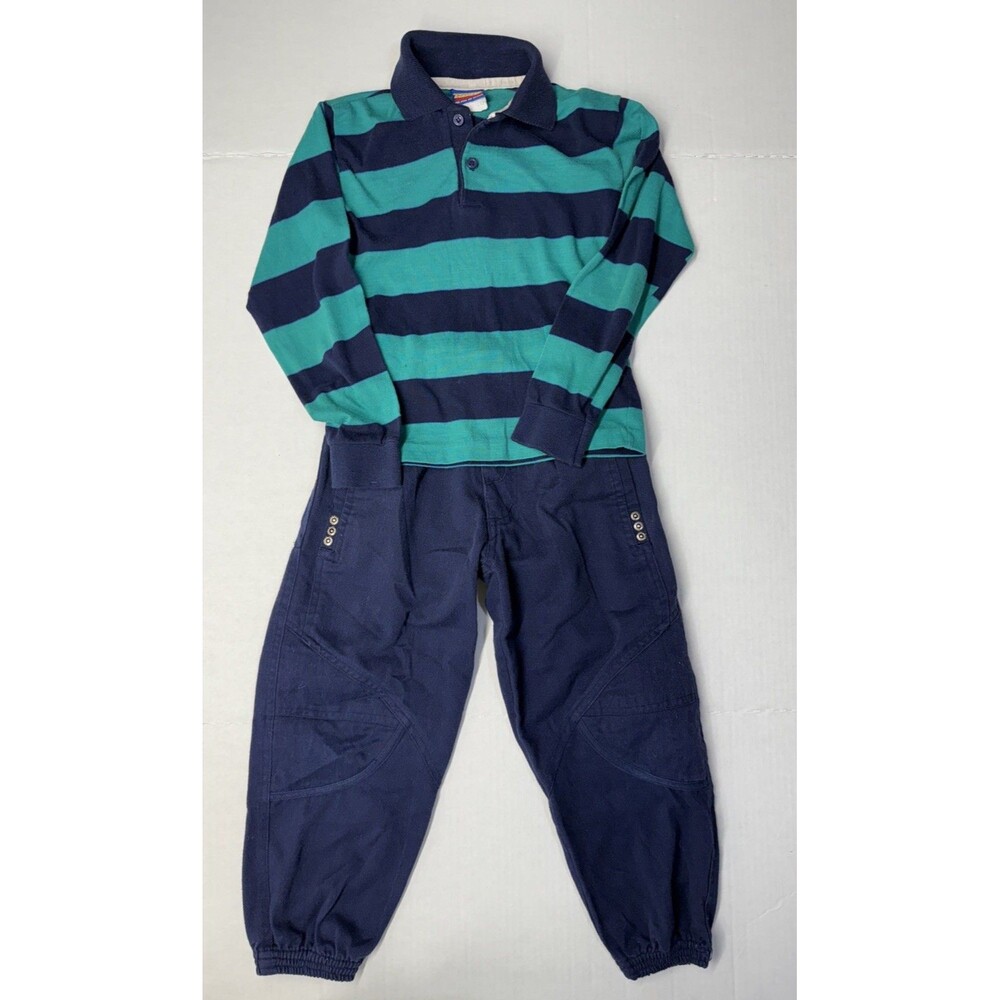 Vintage Electric Kids Pants Sz 5 & Donmoor Long Sleeve Polo Blue Green Stripes